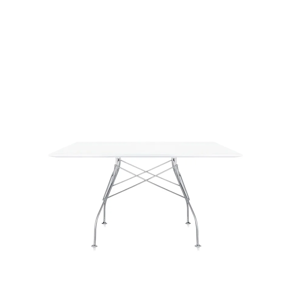 Glossy Square Table 4560 130x130, Chrome, White Polyester