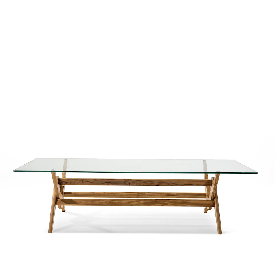 056 Capitol Complex Table 270x130, Natural Teak, Glass Top