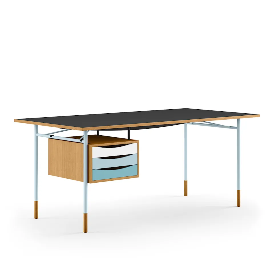 Nyhavn Desk, 170 cm, with Tray Unit, Oak Dark Oil/Black linoleum,Light Blue Steel,Cold