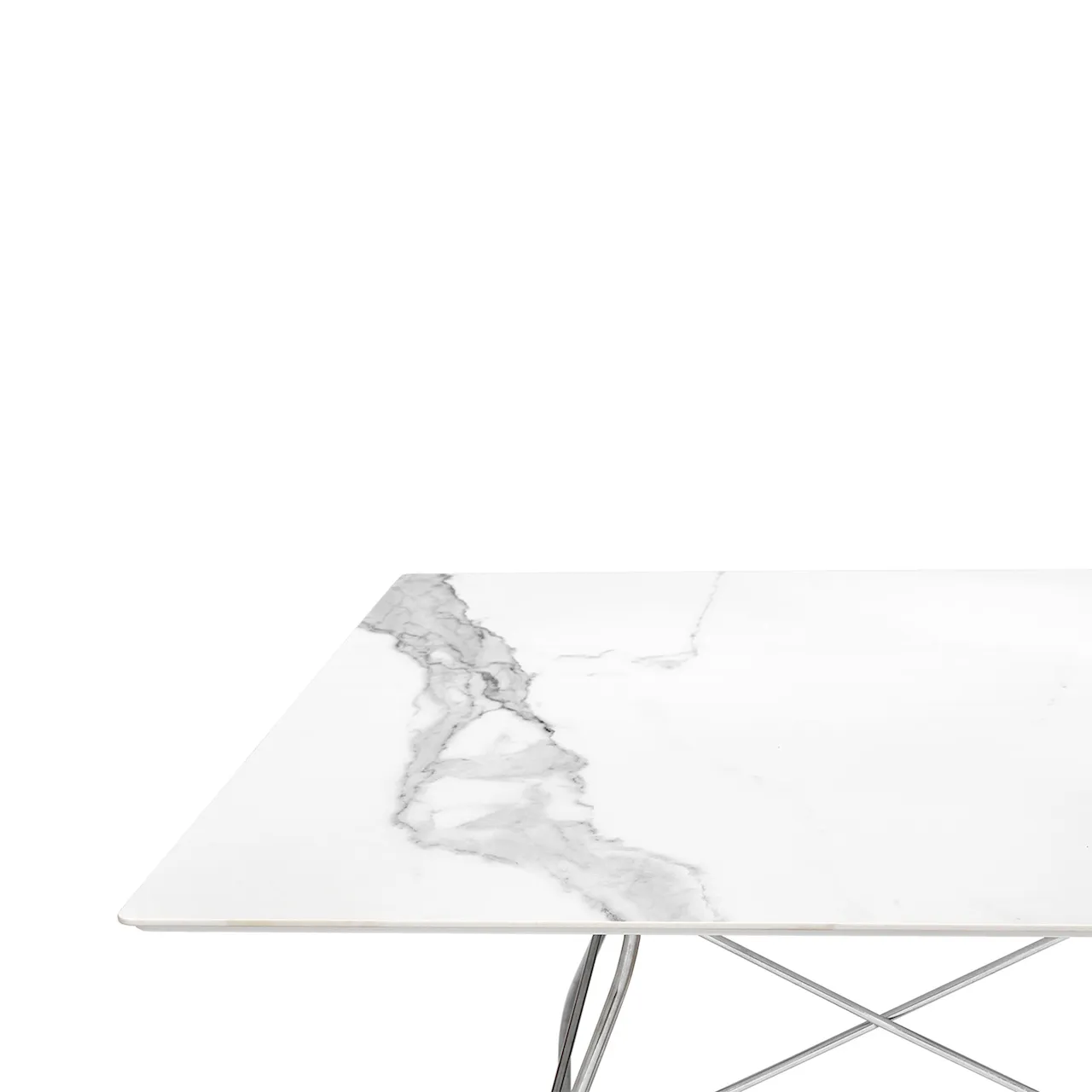 Glossy Square Table 118x118 Marble Top, Chrome-plated Steel Frame White