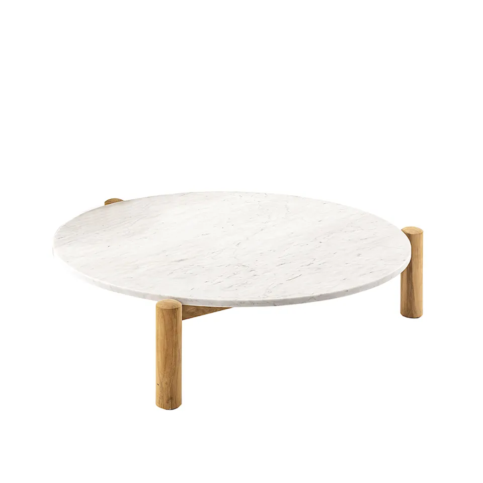 535 Table à Plateau Interchangeable Ø102, Outdoor, Solid Teak Wood Natural Finish, Top Carrara Marble