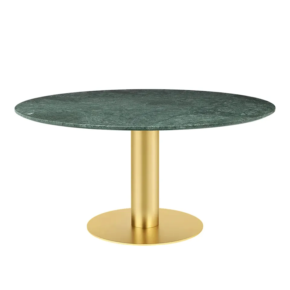 GUBI 2.0 Dining Table, Ø 150 cm, Skiva: Marmor - Verde Guatemala, Bas: Mässing