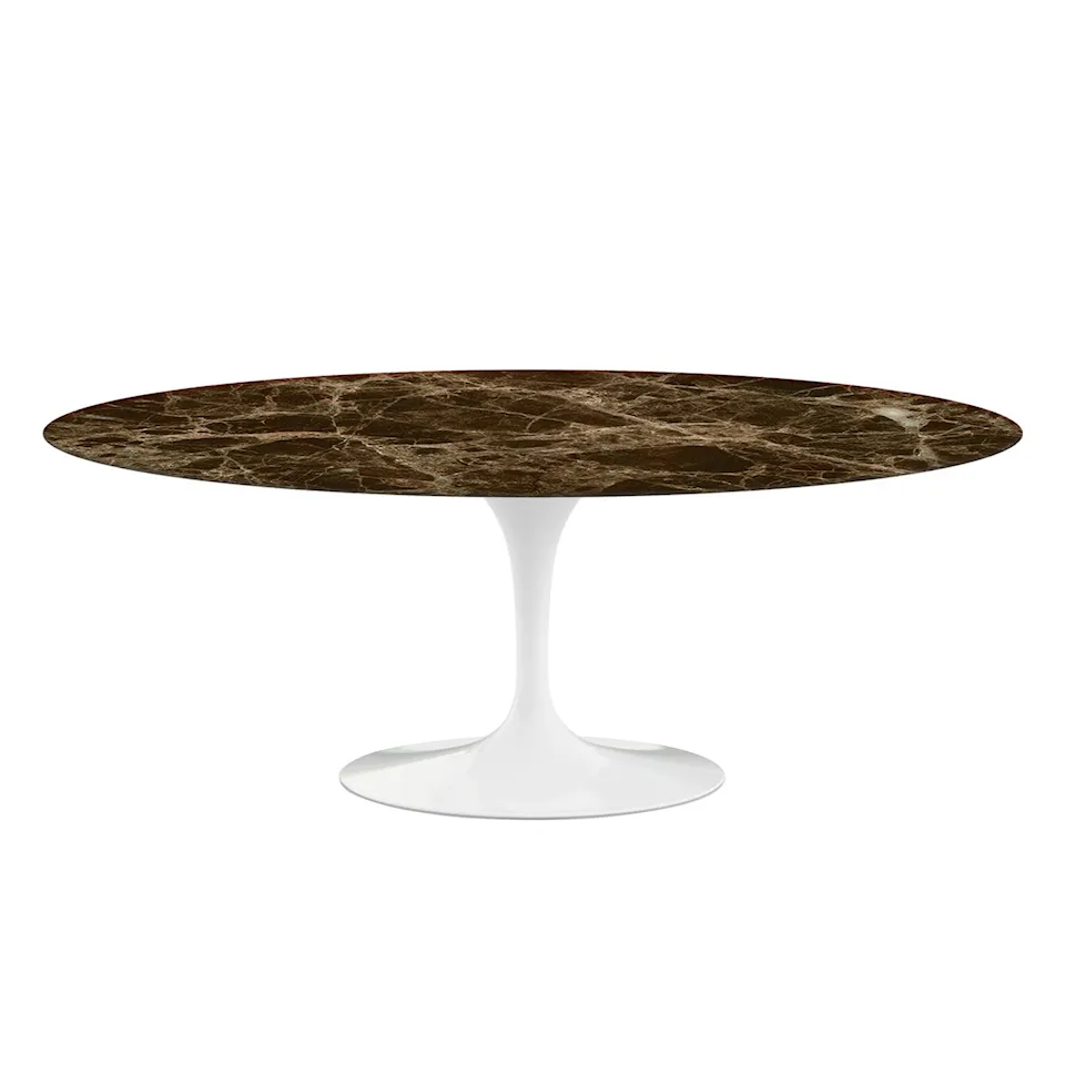 Saarinen Oval Table - Matbord, 198 x 121 cm, Vitt underrede, skiva i glansig brun Emperador marmor