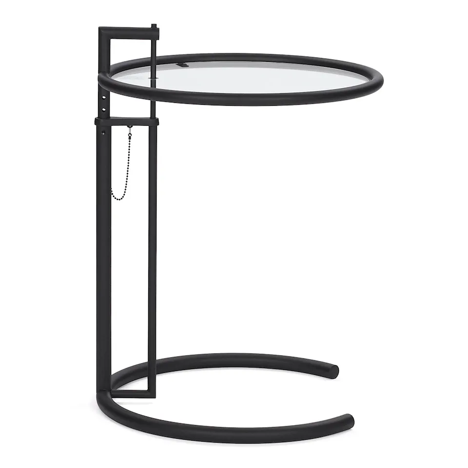 Adjustable Table E 1027, Svartlackerad stål, Klar kristallglasskiva