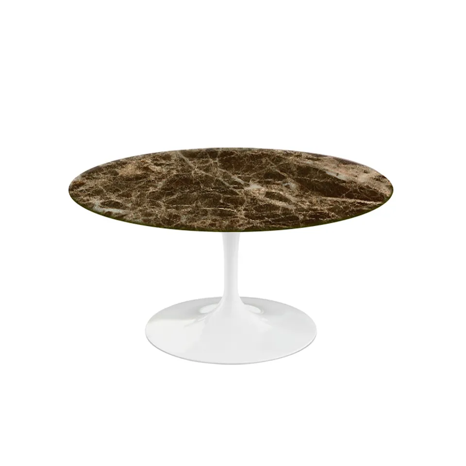 Saarinen Round Table - Soffbord, Vitt underrede, skiva i glansig brun Emperador marmor, H: 38, Ø 91