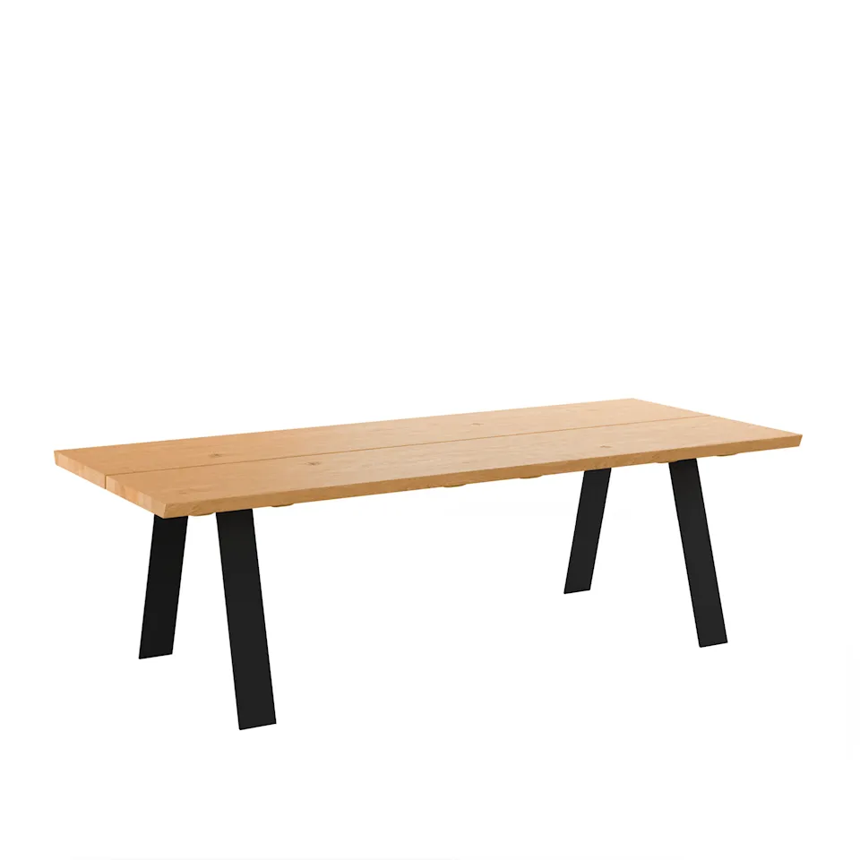 GM 3200 Plank Table, 270 x 100 cm, Tabletop oiled wild Oak, 1 additional Tabletop matching wood, base in black powder coated steel