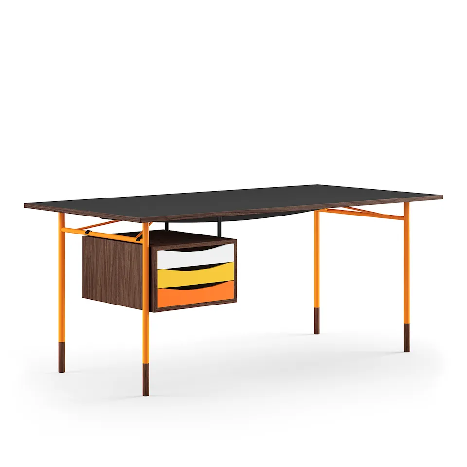 Nyhavn Desk, 190 cm, with Tray Unit, Walnut, Orange Steel, Warm