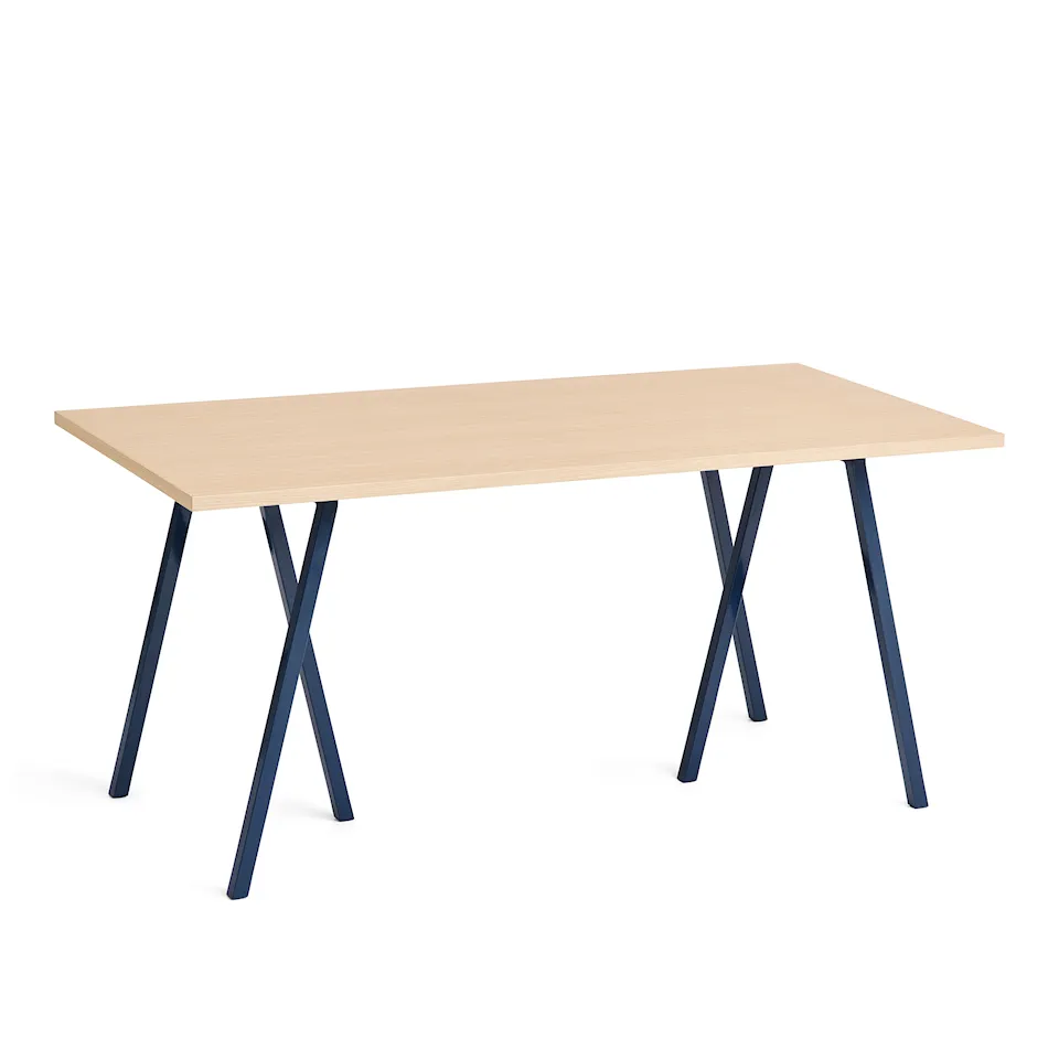 Loop Stand Table Deep blue powder coated steel frame L160 x W77,5 x H74 Clear lacquered oak tabletop Water-based lacquered oak edge