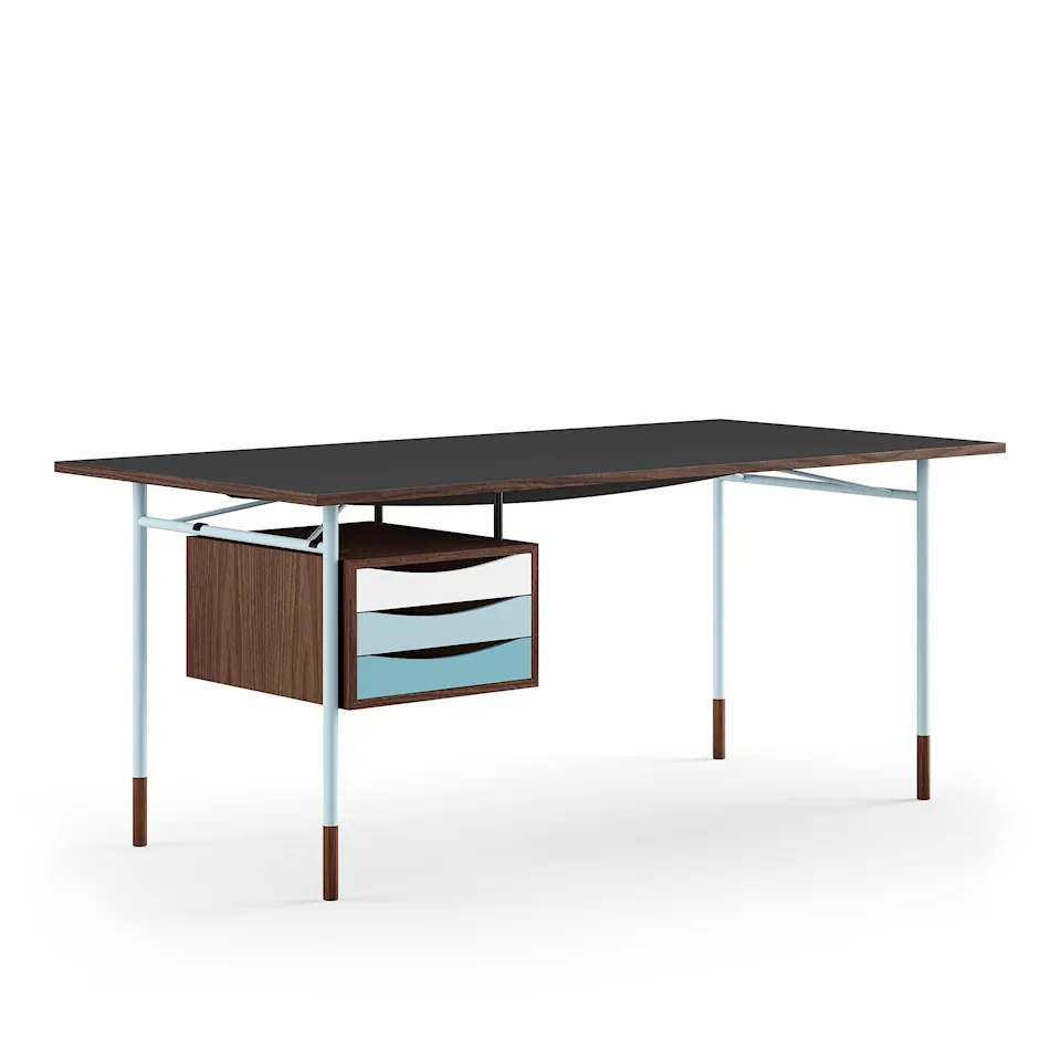 Nyhavn Desk, 190 cm, with Tray Unit, Walnut, Light Blue Steel, Cold