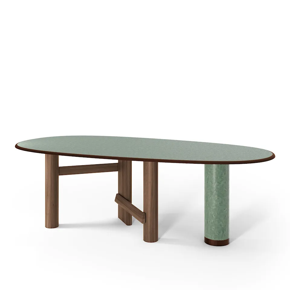 Sengu table, 230x116cm, American Walnut legs, Green porcelain top and column