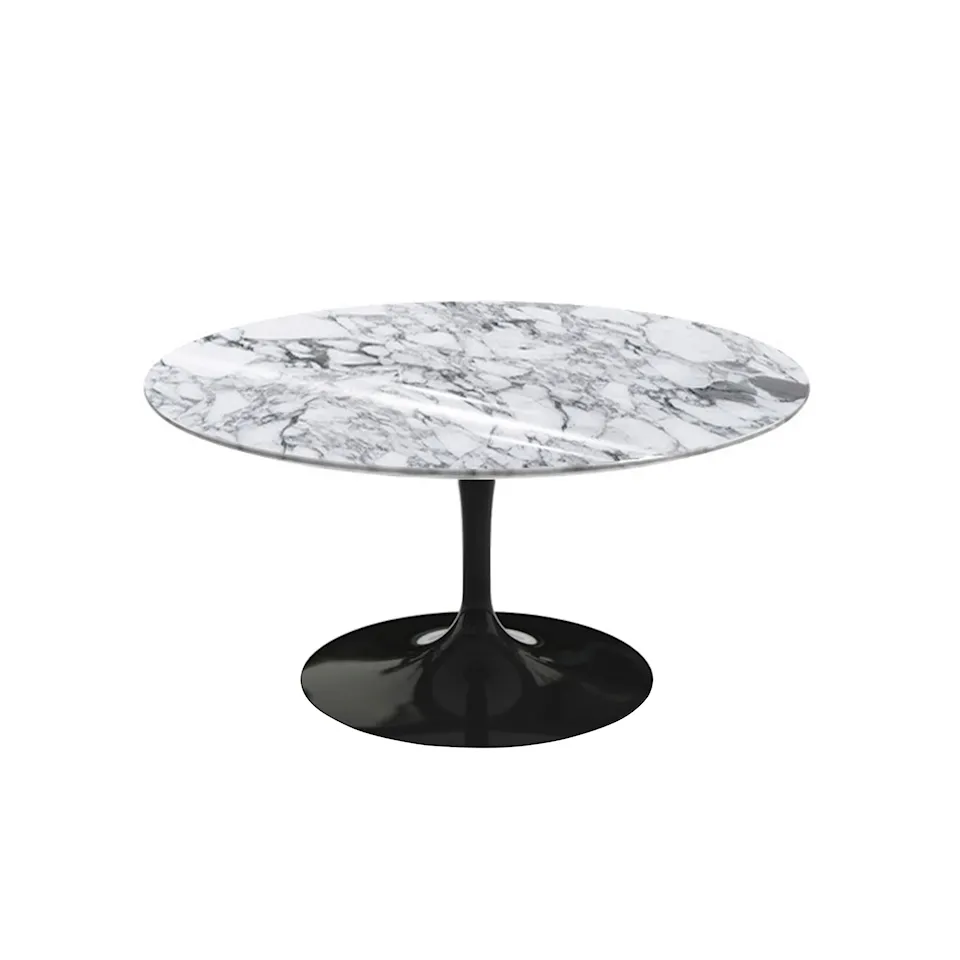 Saarinen Round Table - Soffbord, Svart underrede, skiva i matt vit Arabescato marmor, H: 38, Ø 91