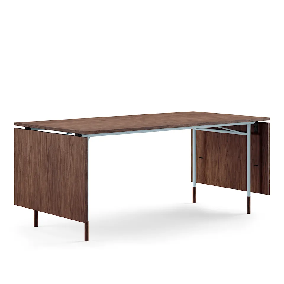 Nyhavn Dining Table, With Extensions, Top: Walnut, Base: Light Blue Steel