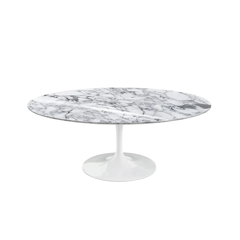 Saarinen Oval Table - Soffbord, Vitt underrede, skiva i glansig vit Arabescato marmor