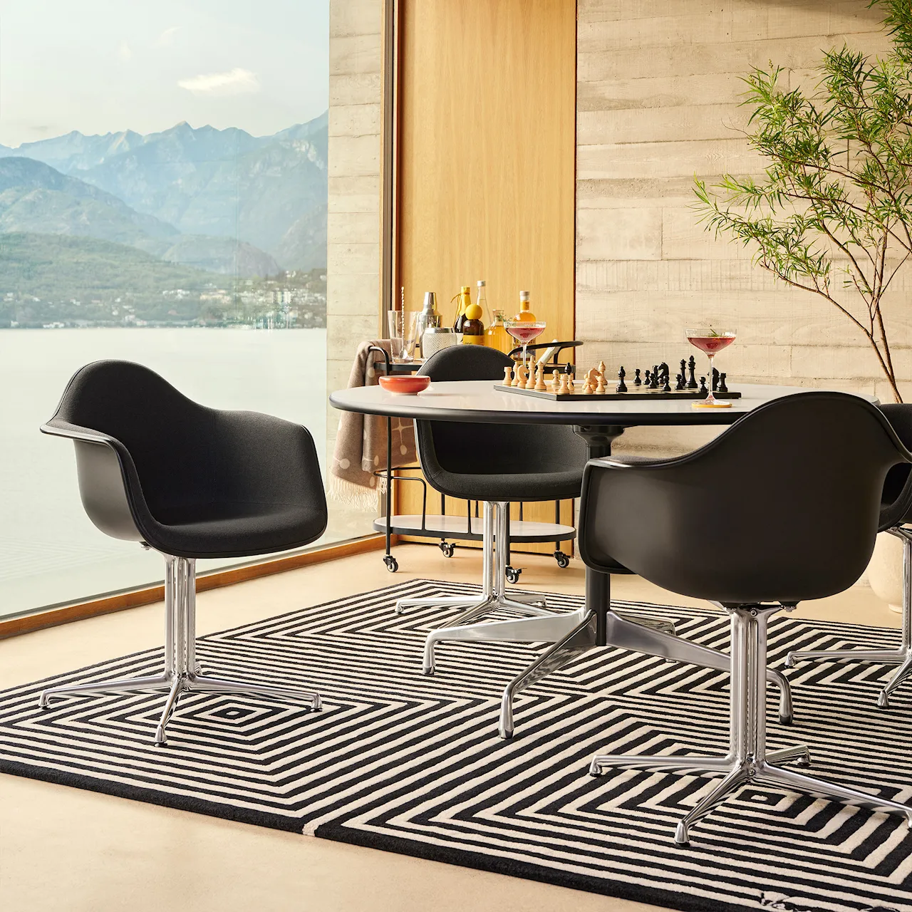 Eames Segmented Tables Dining, Boat-Shaped Table, 220 x 110, Table Top Solid American Walnut, Oiled Finish, Legs And Column Chrome