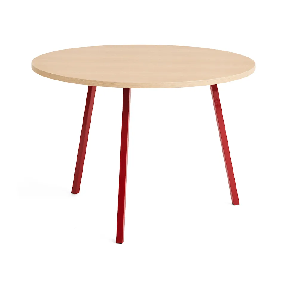 Loop Stand Table Round Maroon red powder coated steel frame Ø105 x H74 Clear lacquered oak tabletop Water-based lacquered oak edge