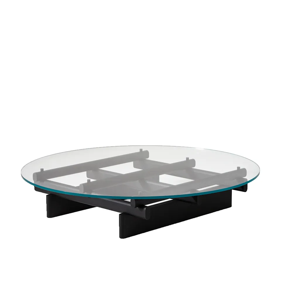 Sengu Coffee Table Round Ø150, Oak Stained Black, Clear Glass Top