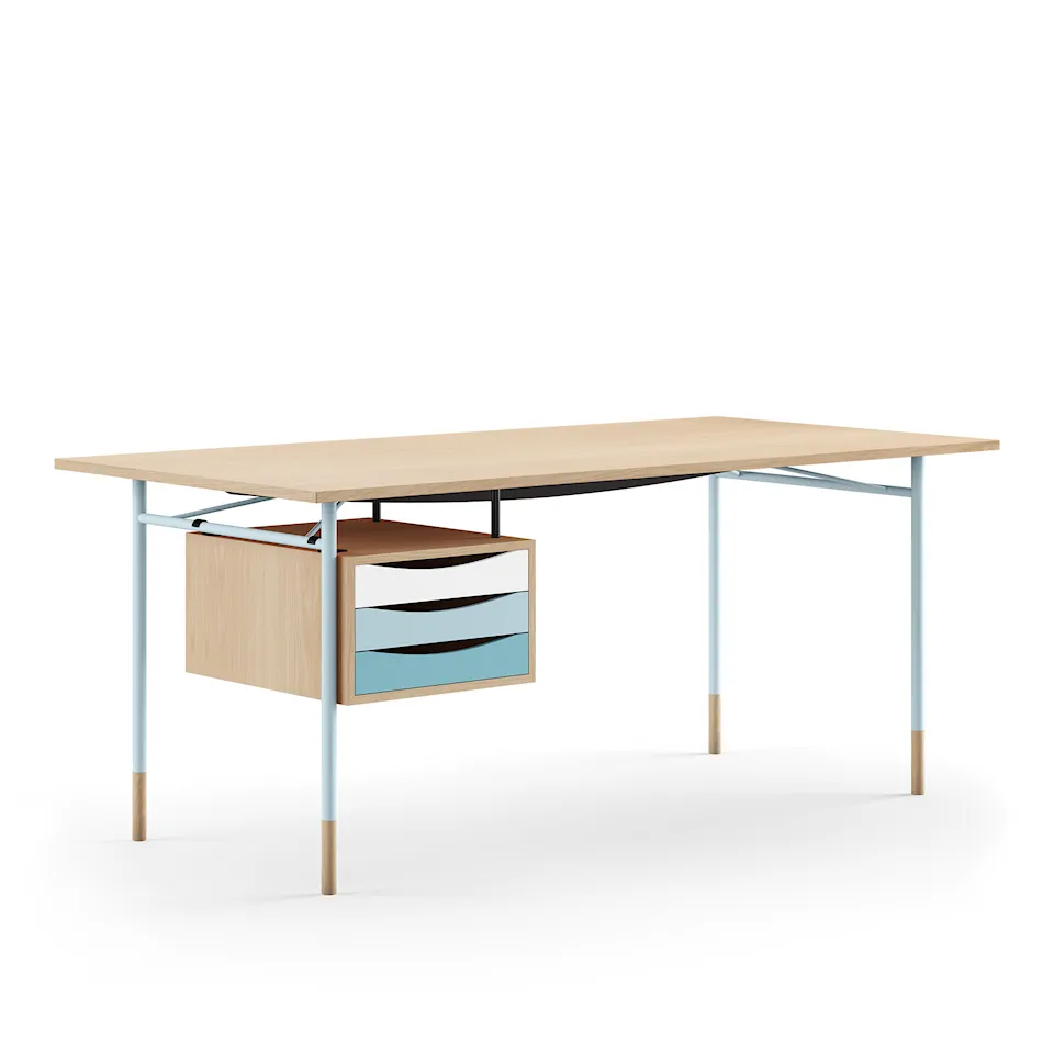 Nyhavn Desk, 190 cm, with Tray Unit, Oak Clear oil, Light Blue Steel, Cold