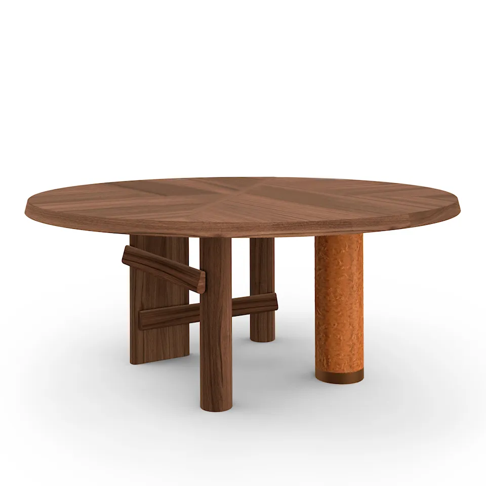 Sengu Table, Ø180cm, American Walnut legs, American walnut top and brick porcelain column