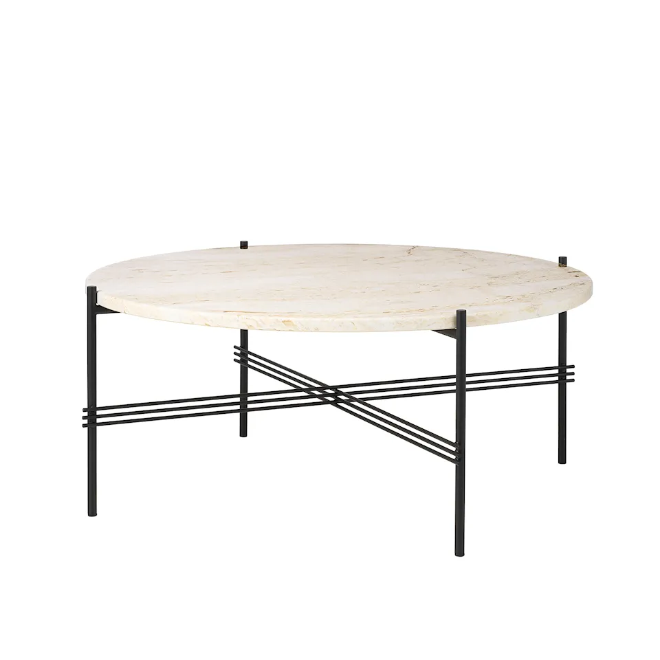 TS Travertine Coffee Table Ø 80, Base Black, Top White Travertine