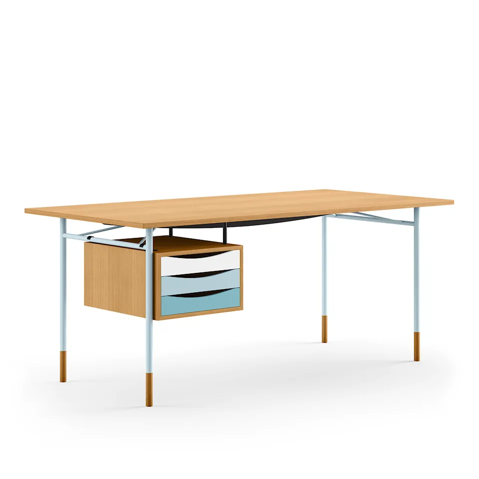 Nyhavn Desk, 190 cm, with Tray Unit, Oak Dark Oil, Light Blue Steel, Cold