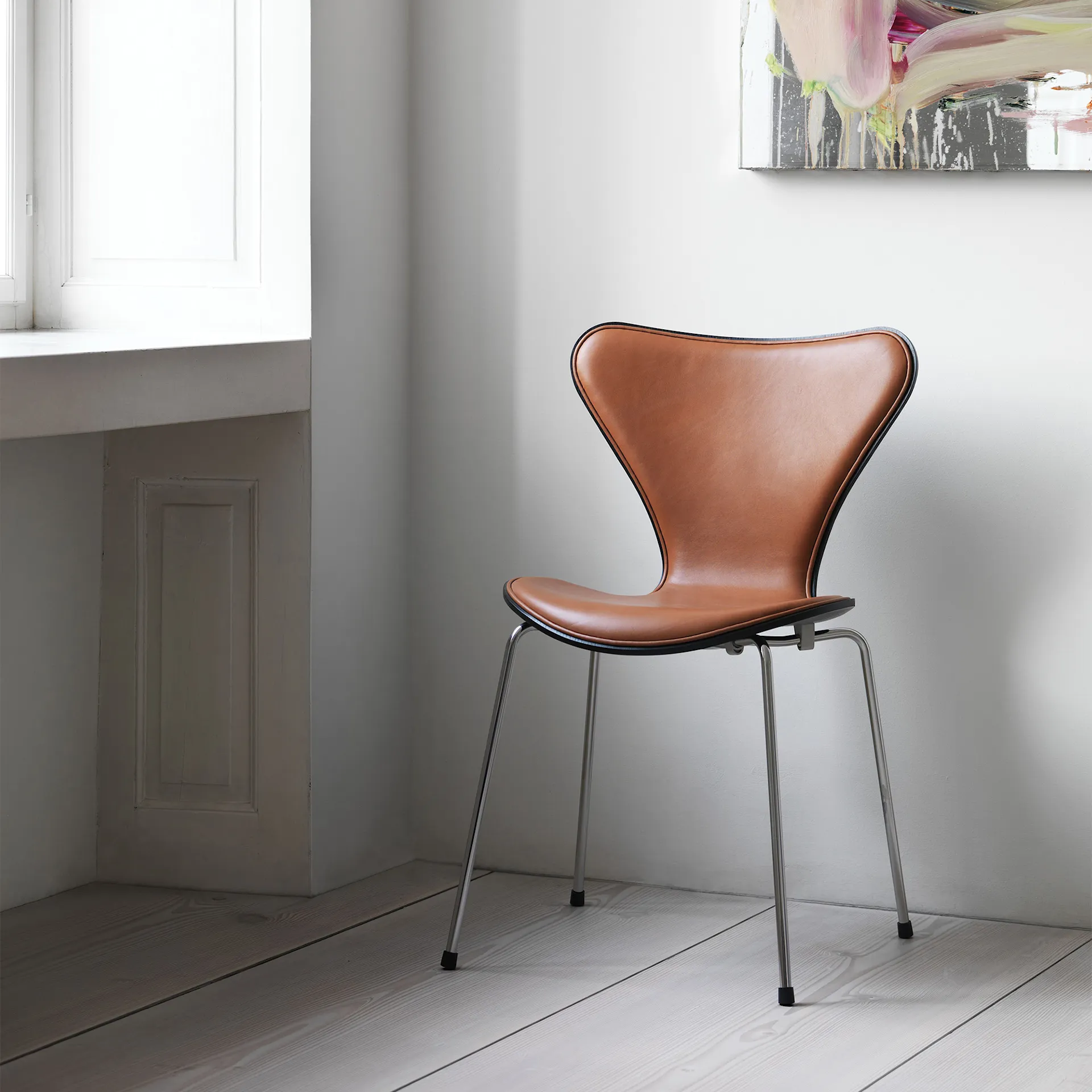 Series 7 stol 3107 forsiden trukket lær stålram krom - Fritz Hansen - Arne Jacobsen - NO GA