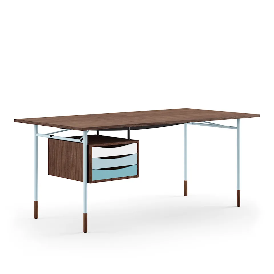 Nyhavn Desk, 190 cm, with Tray Unit, Walnut Dark Oil, Light Blue Steel, Cold