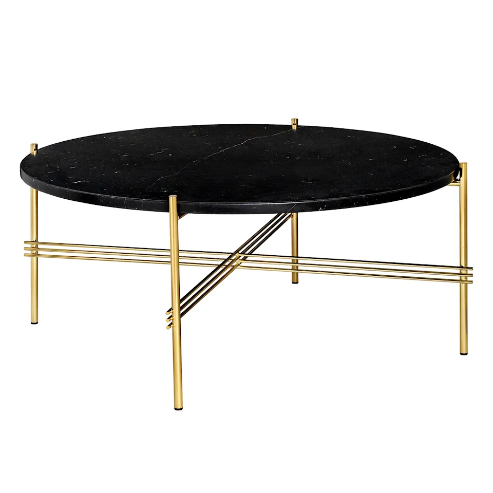 TS Soffbord Ø 80 H. 35, Top: Nero Marquina Marble, Base: Brass