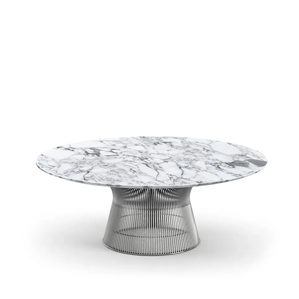 Platner Coffee Table, base in Polished Nickel, Ø 91.5 cm, top in white Arabescato marble