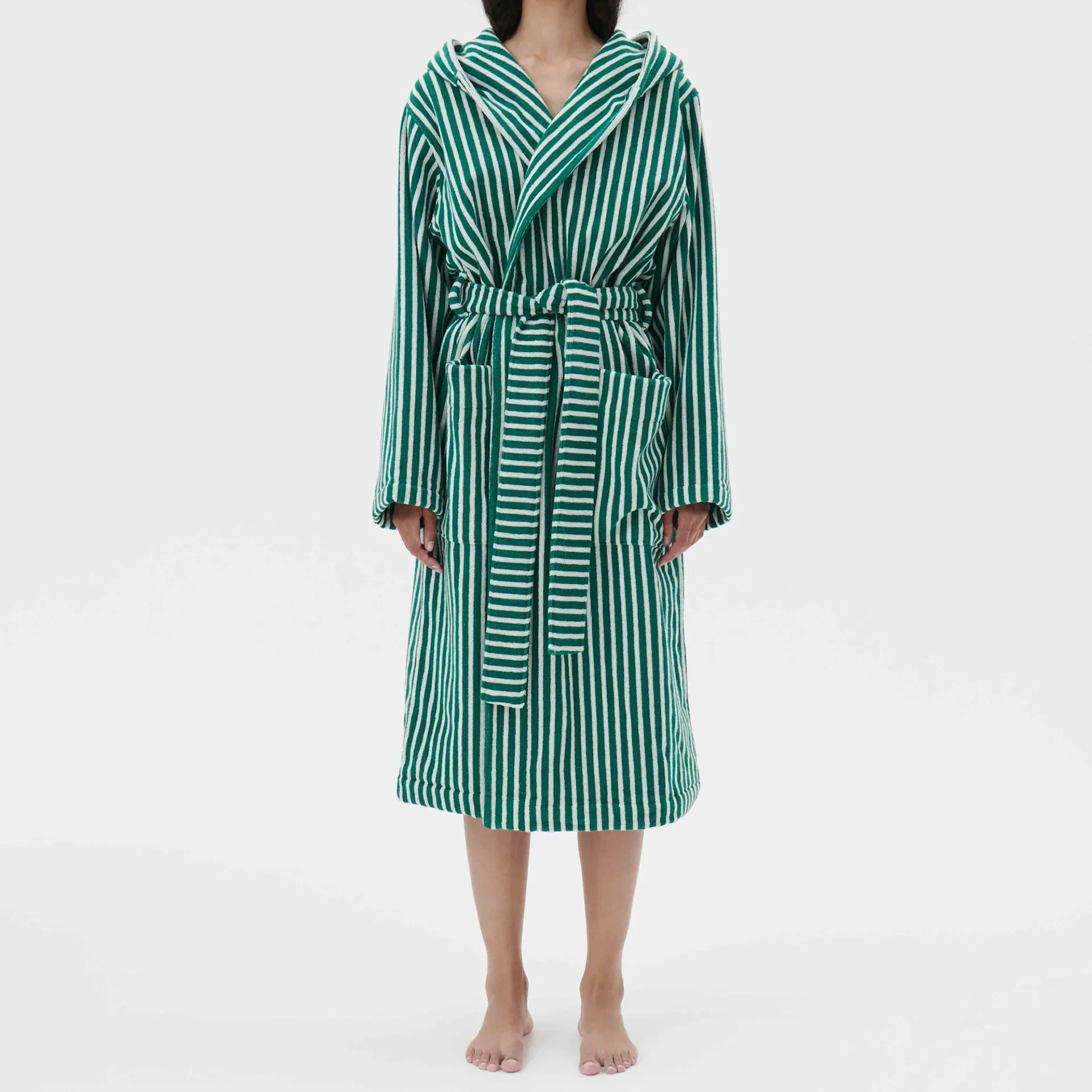 Hooded Bathrobe Teal Green Stripes - TEKLA - NO GA