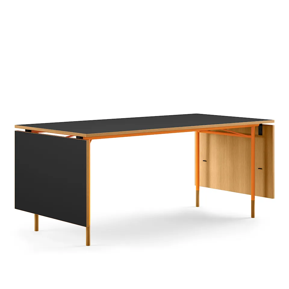 Nyhavn Dining Table, With Extensions, Top: Dark oiled oak/black linoleum, Base: Orange Steel