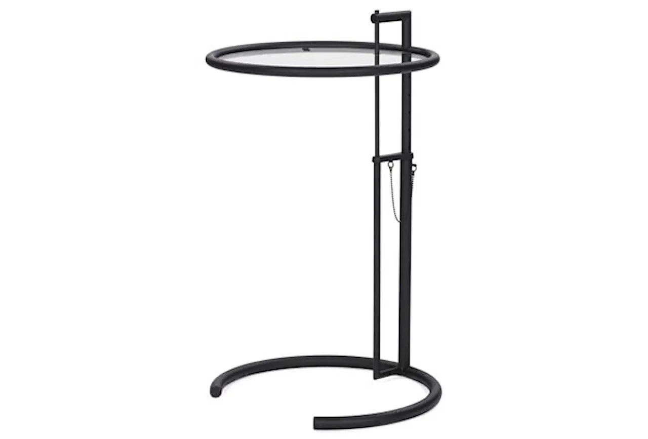 Adjustable Table E 1027, Svartlackerad stål, Klar kristallglasskiva