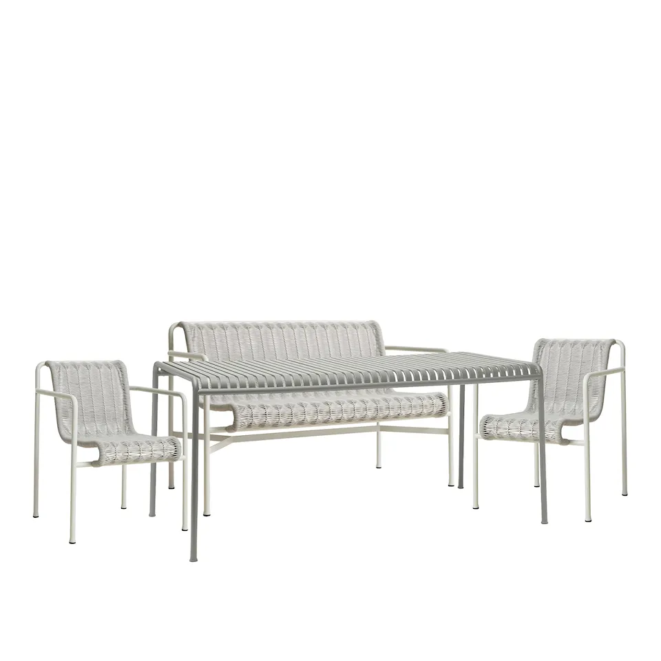 Palissade cord spisegruppe med matbord, 2 karmstoler & 1 hagebenk med armlener
