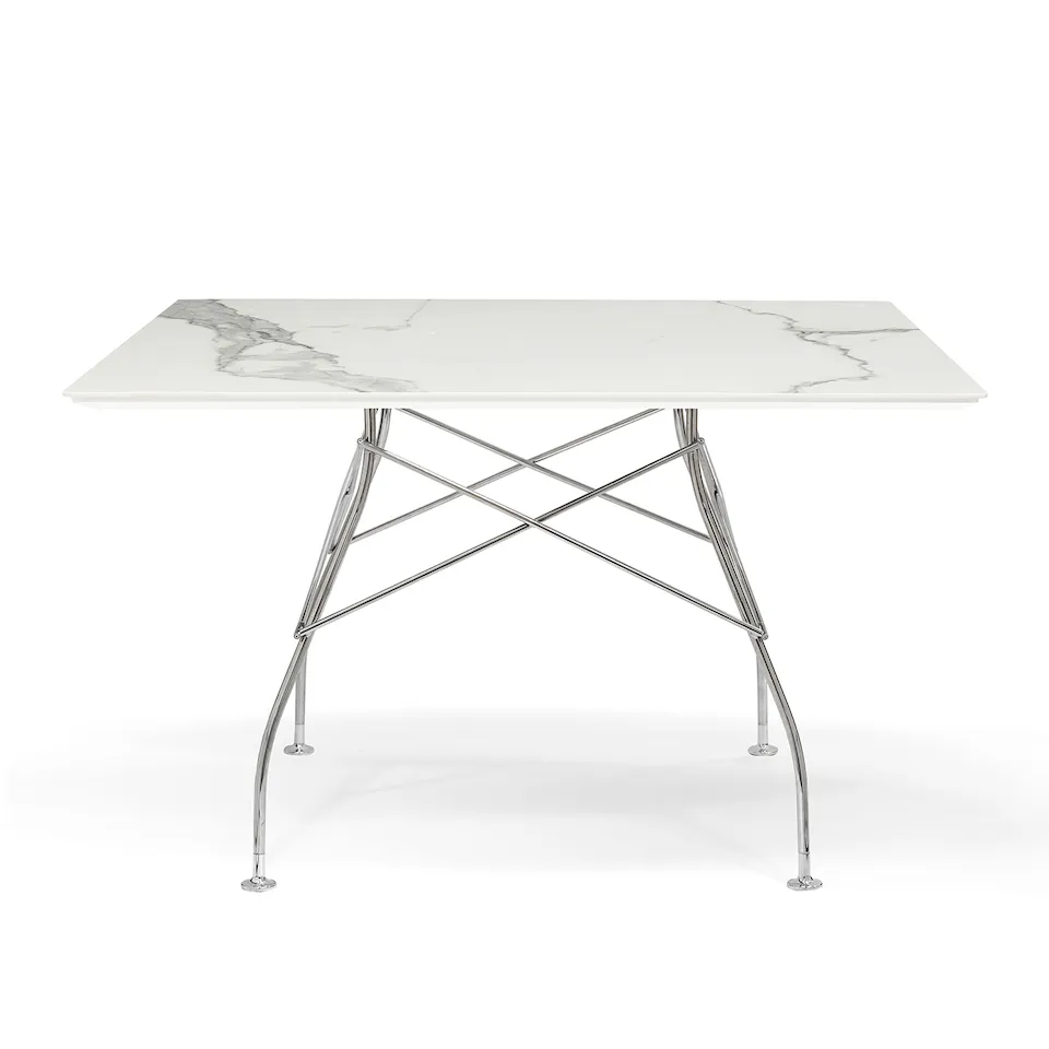 Glossy Square Table 118x118 Marble Top, Chrome-plated Steel Frame White