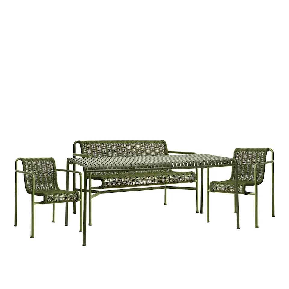 Palissade cord spisegruppe med matbord, 2 karmstoler & 1 hagebenk med armlener