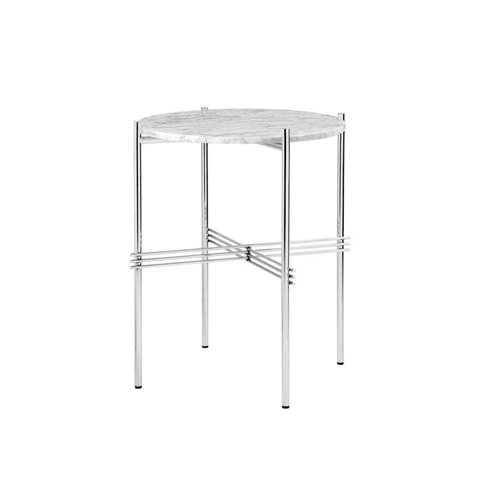 TS Side Table - Round, Ø40 Polished Steel Base, Table Top White Carrara Marble