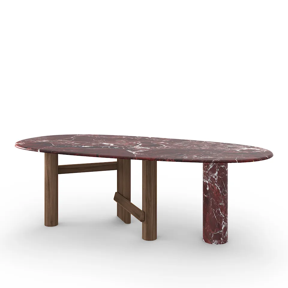 Sengu table, 230x116cm, American Walnut legs, Levanto red marble top and column