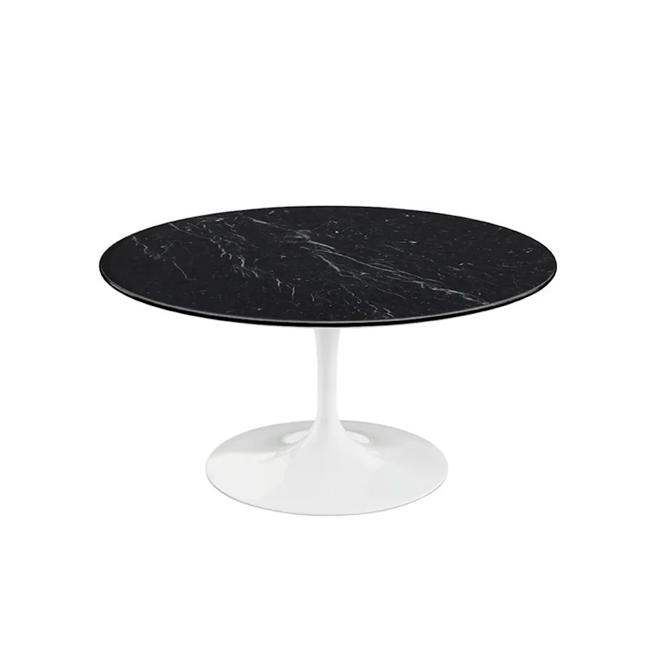 Saarinen Round Table - Soffbord, Vitt underrede, skiva i matt svart Marquina marmor, H: 38, Ø 91