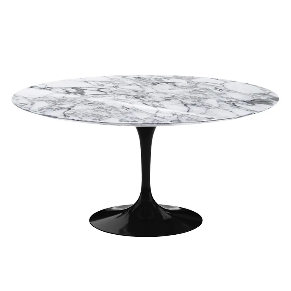 Saarinen Round Table - Matbord, Ø 152 cm, Svart underrede, skiva i glansig vit Arabescato marmor