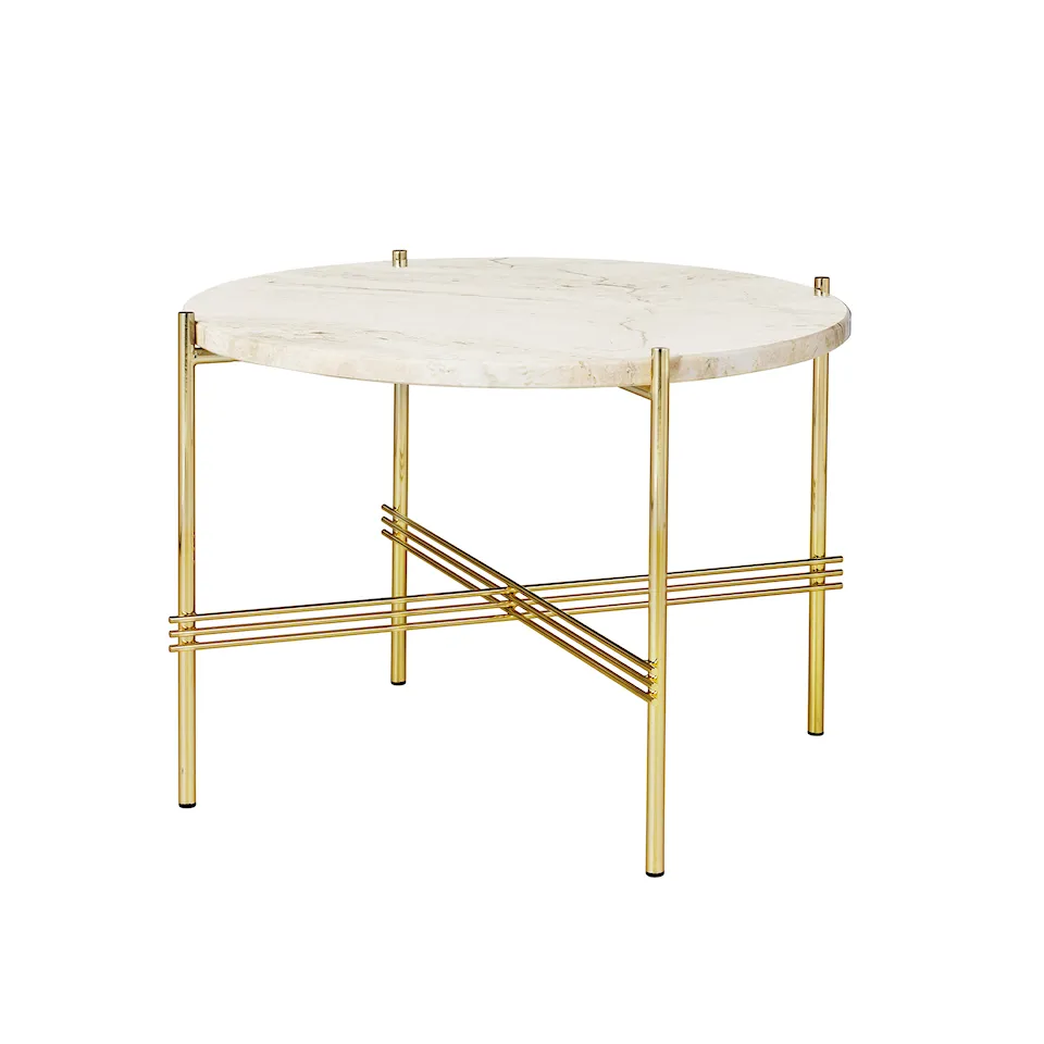 TS Travertine Coffee Table Ø 55, Base Brass, Top White Travertine