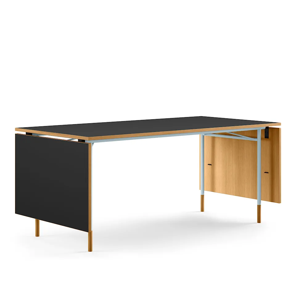 Nyhavn Dining Table, With Extensions, Top: Dark oiled oak/black linoleum, Base: Light Blue Steel