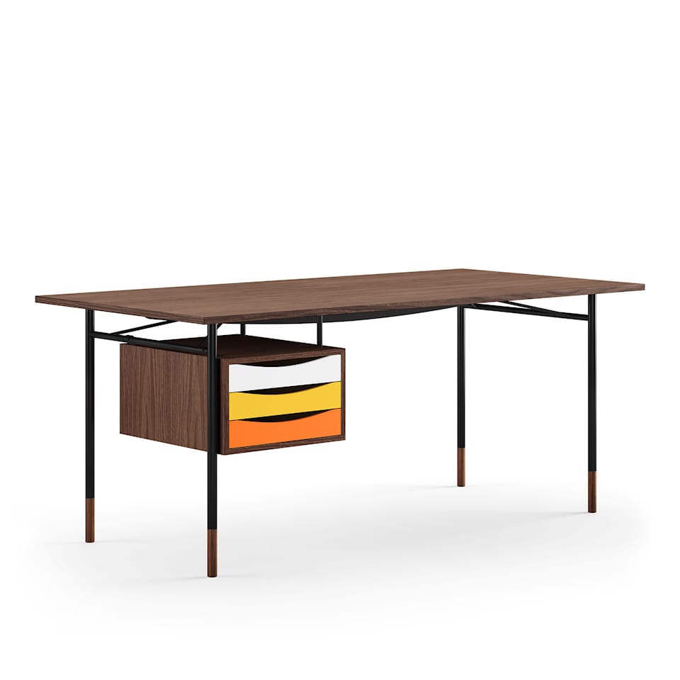 Nyhavn Desk, 170 cm, with Tray Unit, Oak Clear oil/Black linoleum, Black Steel, Cold