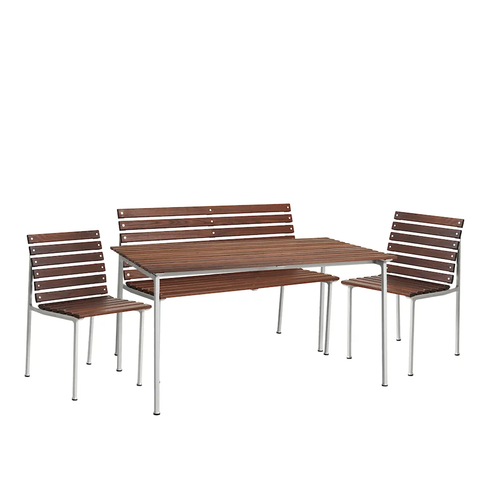 Traverse utendørs gruppespisebord 140 cm, 2 utestoler og hagebenk