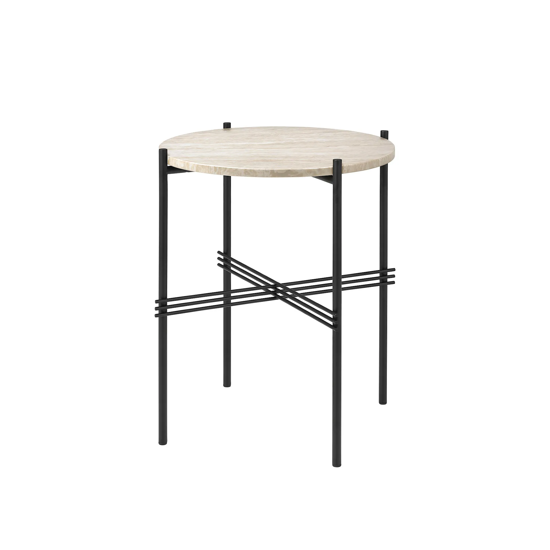 TS Outdoor Side Table - Round, Ø40 Classic Black Base, Table Top Neutral White Travertine Outdoor - Gubi - GamFratesi - NO GA