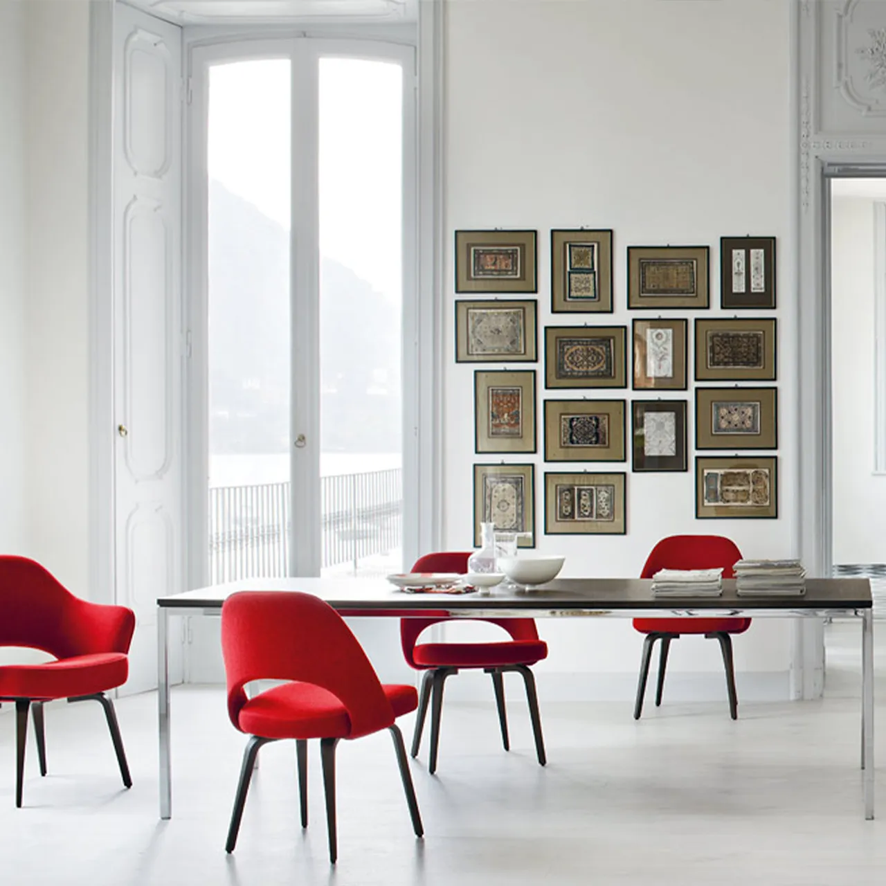 Florence Knoll High Table, Rektangulär, 240 x 100 cm, skiva i Vit Arabescato marmor